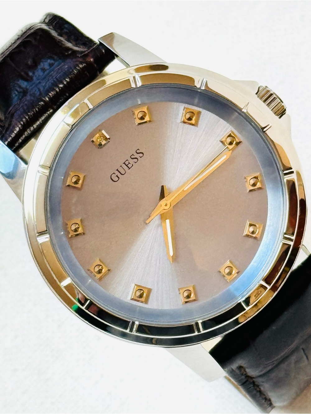 Guess Diamond 44mm Men's Watch Stainless Silver Blue Dial Brown Leather U0519G2